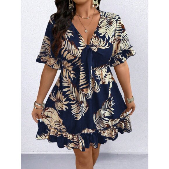 NEW Shein Holidaya Plus Floral Print Tie Front Plunging Neck Dress Navy Blue 0XL - Picture 3 of 5
